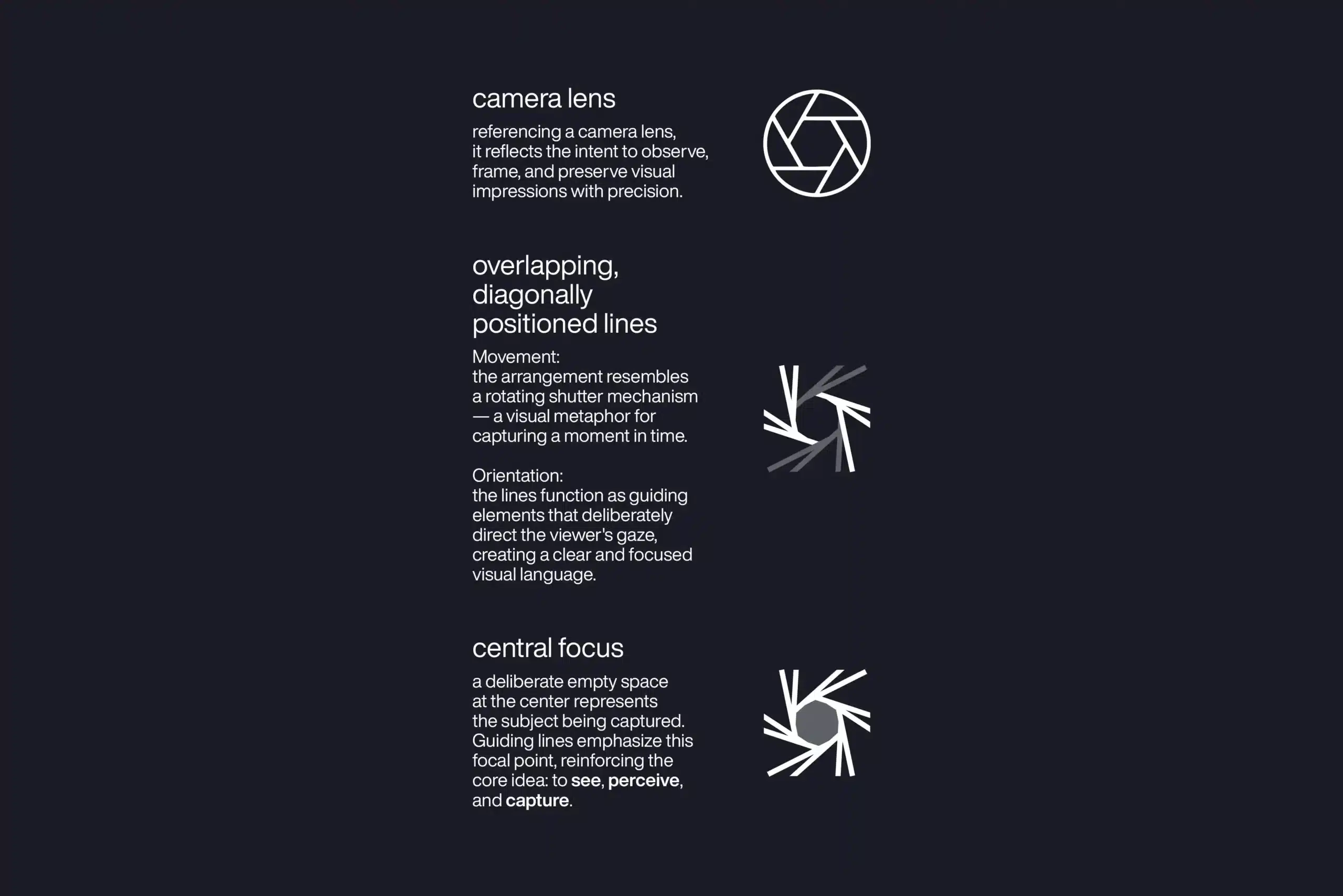 Grafische Darstellung der Logo-Elemente von Frameguide Films inklusive Erklärung zu Kameralinse, dynamischen Linien und zentralem Fokus.