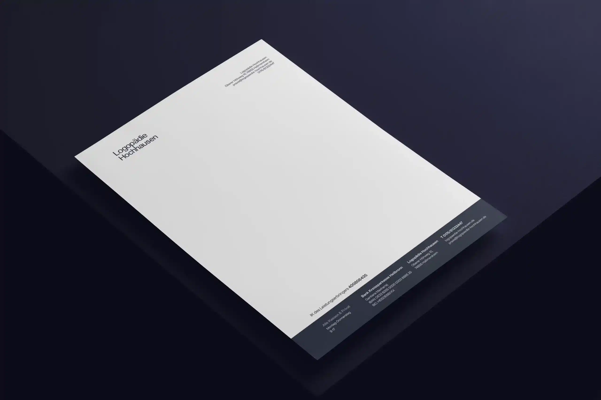 Von mir gestaltetes Briefpapier der Logopädie Hochhausen im minimalistischen, eleganten Corporate Design.