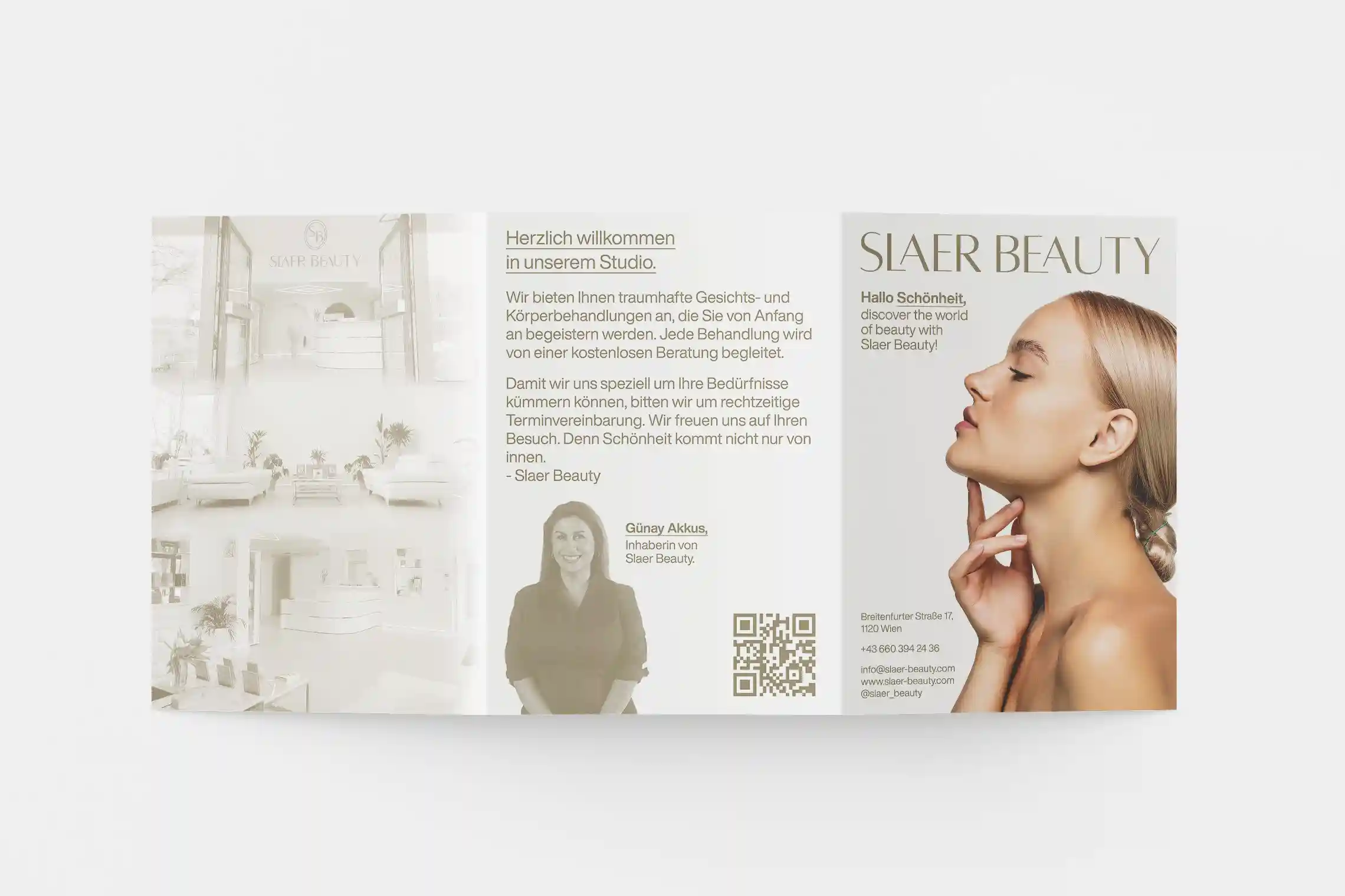 Vorderseite eines von mir gestalteten Slaer-Beauty Flyers mit minimalistischer Bildsprache, sanften Farben und moderner Typografie.
