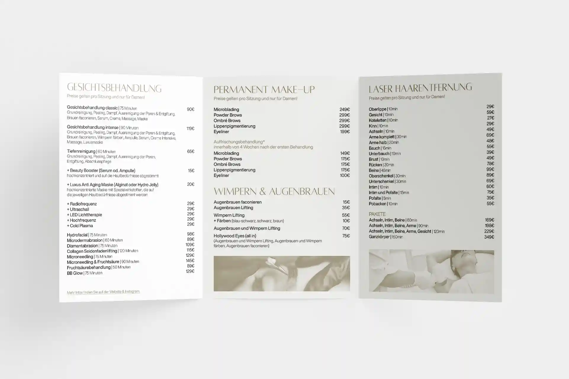 Preislisten und Leistungsübersichten im hellen, eleganten Slaer-Beauty Corporate Design.